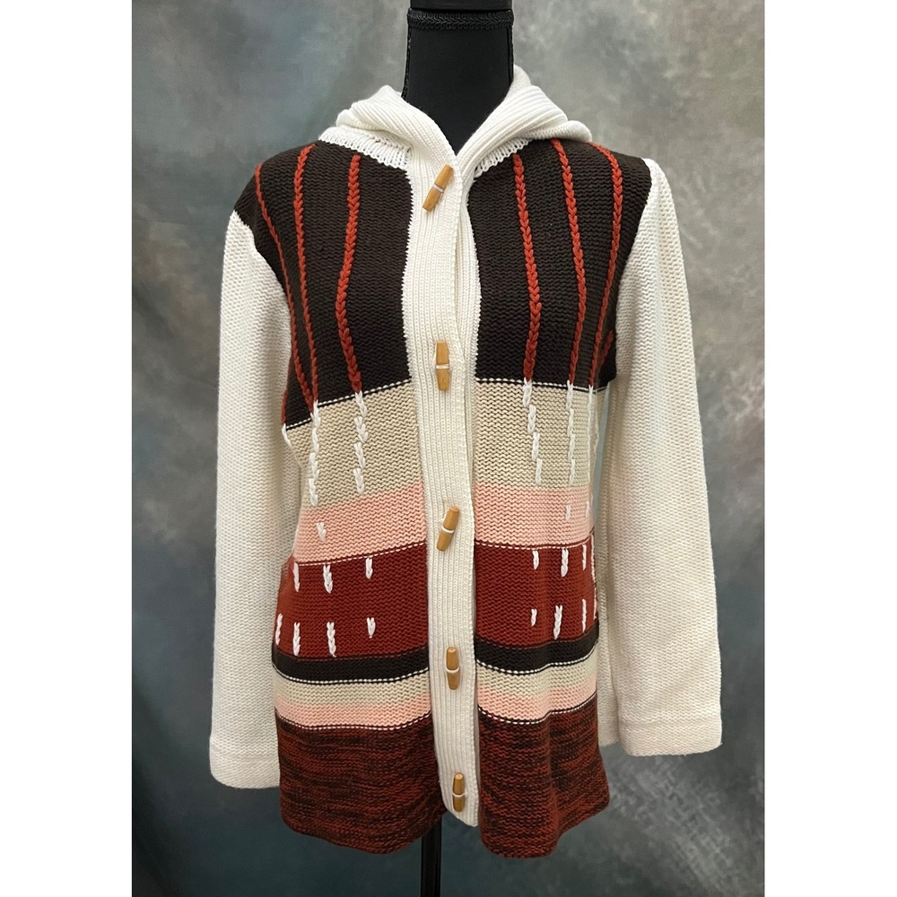 Vtg Hooded Cardigan Missk Sweater Knit Color Block Toggle Buttons Womens Size L